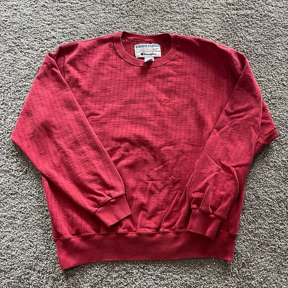Vintage 90s Champion Ribbed Fleece Crewneck Sweatshirt Pullover Red Size XL - Picture 1 of 7